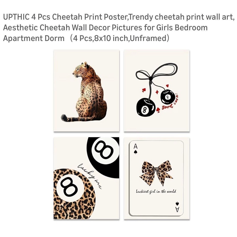 48.-   4 pcs. Cheetah print poster, trendy cheetah print wall art.